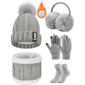 Women Winter Scarf Gloves Earmuffs Stockings Hats Neck Warmer Socks Knitted Set